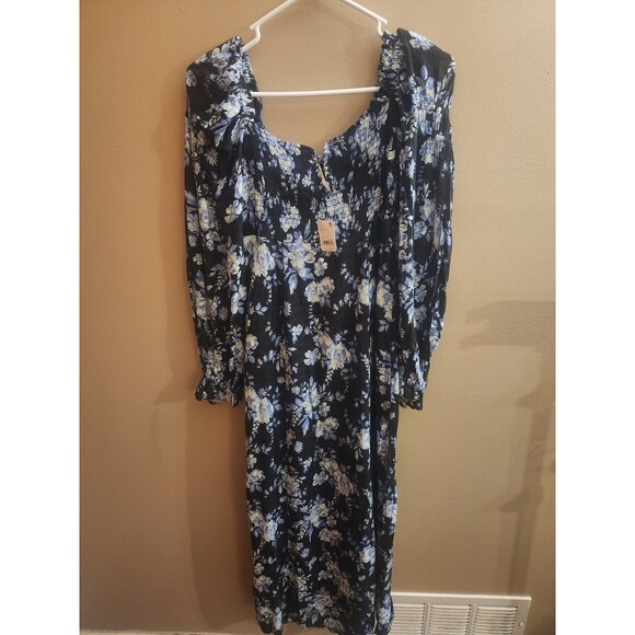 Free People Jaymes Smocked Bodice Midi Dress Black Blue Side Slit Size XS NWT - Picture 3 of 7